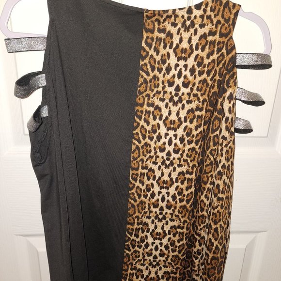 OC Order Plus Large open shoulder black & cheetah print Shirt Blouse NWT - Picture 6 of 14